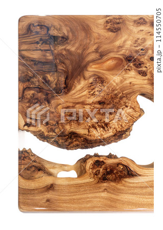 Live edge elm burl slab table top with central epoxy resin river 114550705