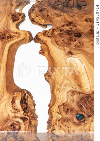 Live edge elm burl slab table top with central epoxy resin river 114550714