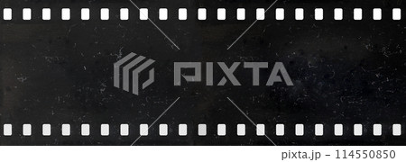 Long strip of old and dirty celluloid film with dust and scratches Long strip of old and dirty celluloid film with dust and scratches 114550850