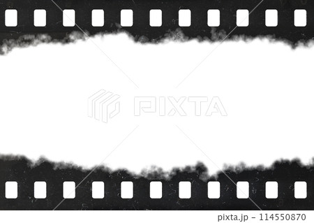 Tattered celluloid filmstrip with natural rough dust and scratches Tattered celluloid filmstrip with natural rough dust and scratches 114550870