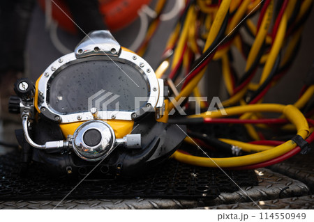 Closeup photo of commercial diving helmet Closeup photo of commercial diving helmet 114550949