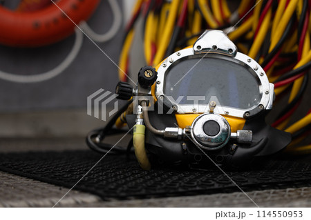 Closeup photo of commercial diving helmet Closeup photo of commercial diving helmet 114550953