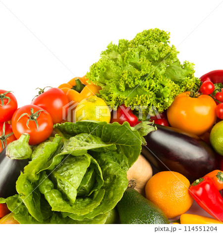 Set of vegetables and fruits isolated on a white. There is free space for text. Set of vegetables and fruits isolated on a white. There is free space for text. 114551204