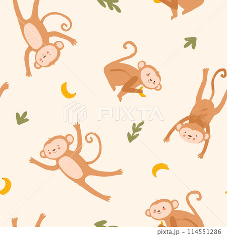 Cute kid's seamless pattern with hand drawn monkey. Children's print. Stock baby illustration. Surface background and wallpaper design. 114551286