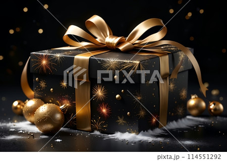 New Year gift box with bright ribbon, New Year card 114551292