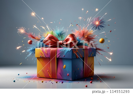 New Year gift box with bright ribbon, New Year card 114551293