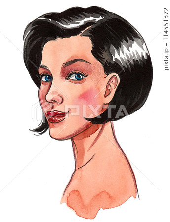 Beautiful brunette woman. Hand drawn ink and watercolor illustration 114551372