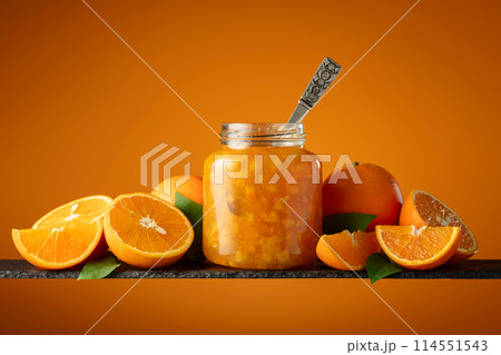 Orange jam and fresh fruits. 114551543