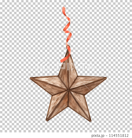 Vintage copper five-pointed star with red ribbon. Watercolor illustration in vintage style on isolated background. Drawing for Christmas and New Year holidays, invitations, cards, banners, decor Vintage copper five-pointed star with red ribbon. Watercolor illustration in vintage style on isolated background. Drawing for Christmas and New Year holidays, invitations, cards, banners, decor 114551812
