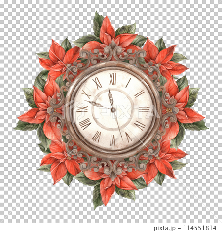 Poinsettia, Christmas red flower with green leaves and vintage clock. Watercolor illustration in vintage style on isolated background. Drawing for invitations, cards, wrapping paper, New Year's decor Poinsettia, Christmas red flower with green leaves and vintage clock. Watercolor illustration in vintage style on isolated background. Drawing for invitations, cards, wrapping paper, New Year's decor 114551814