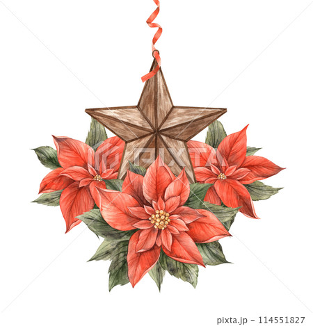 Composition of poinsettia flowers and a copper star with a red ribbon. Watercolor illustration in vintage style. Drawing for Christmas and New Year holidays, invitations, cards, banners, decor Composition of poinsettia flowers and a copper star with a red ribbon. Watercolor illustration in vintage style. Drawing for Christmas and New Year holidays, invitations, cards, banners, decor 114551827