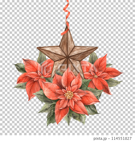 Composition of poinsettia flowers and a copper star with a red ribbon. Watercolor illustration in vintage style. Drawing for Christmas and New Year holidays, invitations, cards, banners, decor Composition of poinsettia flowers and a copper star with a red ribbon. Watercolor illustration in vintage style. Drawing for Christmas and New Year holidays, invitations, cards, banners, decor 114551827