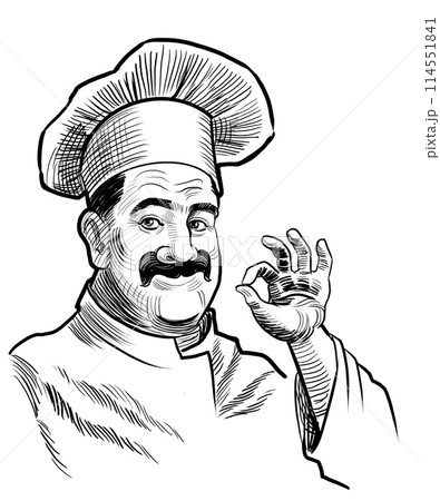 Italian chef. Hand drawn black and white illustration Italian chef. Hand drawn black and white illustration 114551841