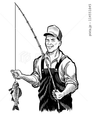Fisherman with a fish and fishing rod. Hand drawn retro styled black and white illustration Fisherman with a fish and fishing rod. Hand drawn retro styled black and white illustration 114551845