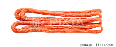Pork or beef sausage, kabanos sausages, meat stick smoked close-up, isolated on white background with clipping path Pork or beef sausage, kabanos sausages, meat stick smoked close-up, isolated on white background with clipping path 114552206