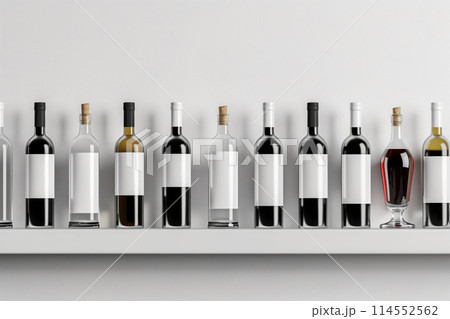 Row of various wine bottles on a sleek shelf against a neutral background 114552562