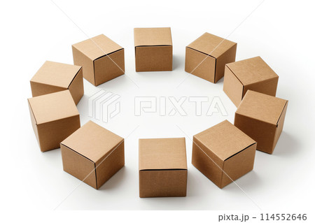 High-angle view of perfectly arranged cardboard boxes forming a circle, isolated on white 114552646