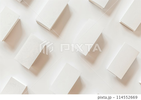 Overhead view of unbranded medicine boxes arranged neatly on a clean surface 114552669