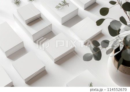 Stacks of blank business cards in a clean setting with plant accents for brand presentation 114552670