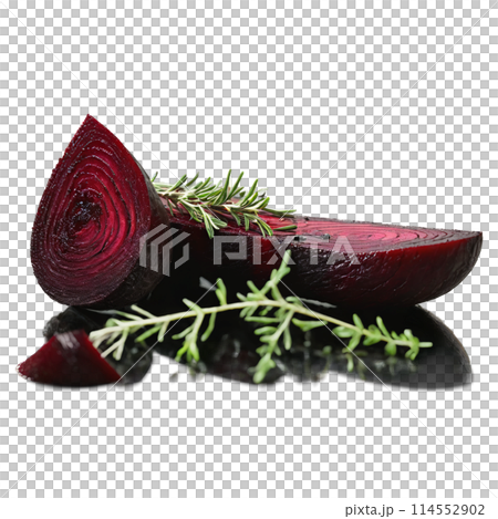 Roasted balsamic beetroot wedges vibrant red balsamic glaze fresh thyme Culinary and Food concept Final 114552902