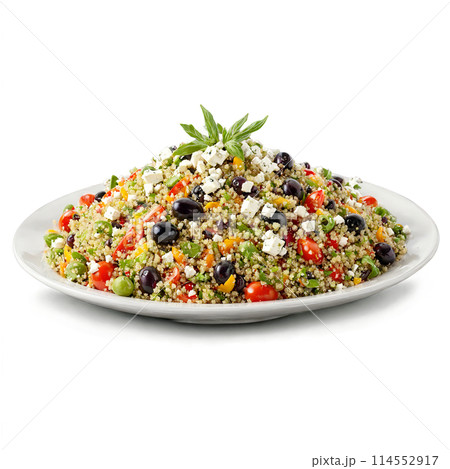 Quinoa Mediterranean salad colorful and briny tossing and mixing with olives and feta cheese flying 114552917