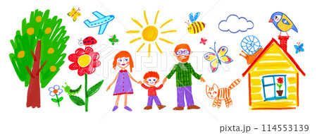 Child drawing of family and house background Child drawing of family and house background 114553139