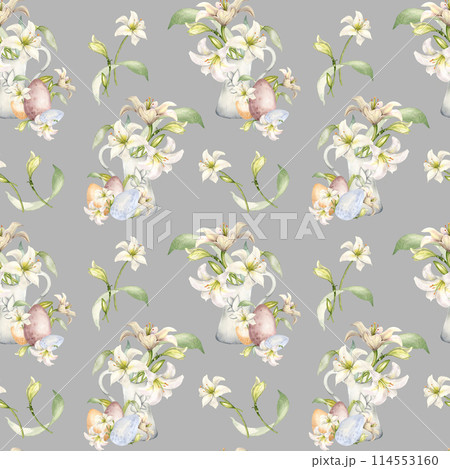 White lilies in ceramic jug watercolor isolated on blue. White flower botanical in pitcher seamless pattern hand drawn. Lily bunch Christian symbol. Design for Easter, textile, wrapping paper 114553160