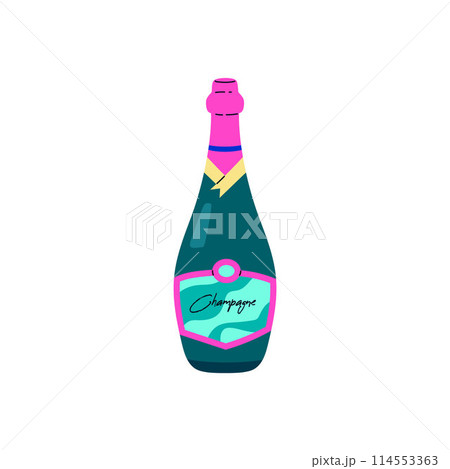 Vector image of sparkling wine, sealed dark green bottle with a bright label. 114553363