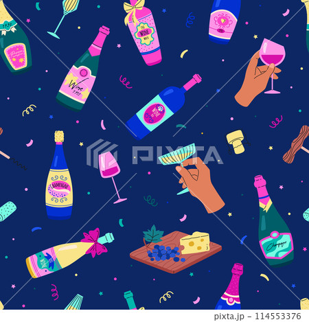 Seamless vector pattern in a flat wine-themed style: hand holding a glass, bottles, a corkscrew Seamless vector pattern in a flat wine-themed style: hand holding a glass, bottles, a corkscrew 114553376