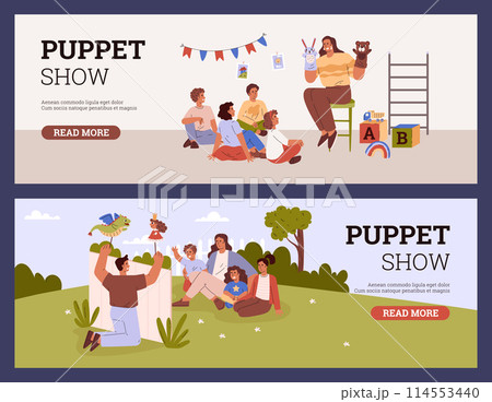 People playing in the hands puppet show for children advertising vector flyers template set, cute kids toys theater 114553440