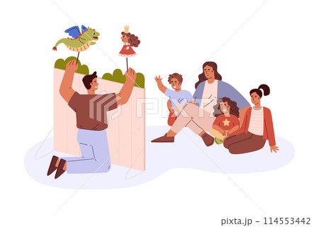 Man performs the puppet show for children vector flat illustration, cute dragon and princess toy theater, family leisure 114553442