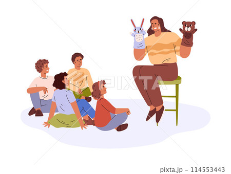 Woman performs the hands puppet show for children vector flat illustration, cute animal toys theater isolated on white Woman performs the hands puppet show for children vector flat illustration, cute animal toys theater isolated on white 114553443