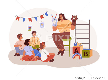 Woman performs the hands puppet show for children in the kindergarten vector flat illustration, cute animal toys theater 114553445