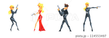 Man and Woman Secret Agent Character with Pistol Vector Set 114553497