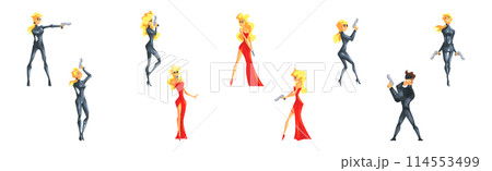 Man and Woman Secret Agent Character with Pistol Vector Set 114553499