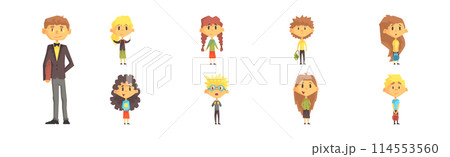 Little Kid First Grader and Primary School Pupil with Teacher Vector Set Little Kid First Grader and Primary School Pupil with Teacher Vector Set 114553560