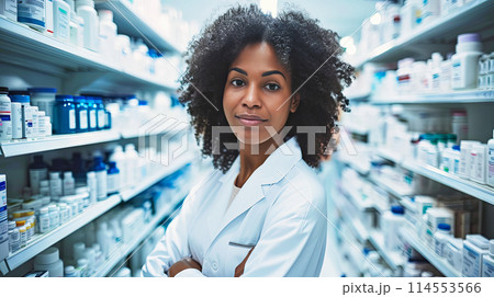 Woman in White Lab Coat in Pharmacy 114553566