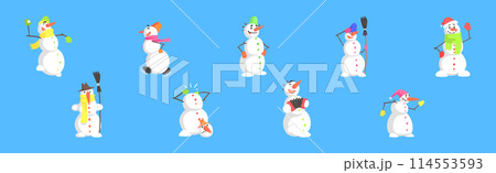 Funny Snowman Character Made of Snow Balls Vector Set 114553593
