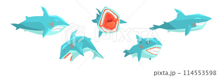Comic Shark Marine Animal with Toothy Mouth Vector Set 114553598