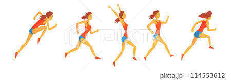 Woman Run Marathon Race Moving Fast and Sprinting Vector Set 114553612
