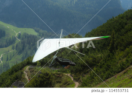 Hang gliding above mountain valley near Jenner mount Berchtesgaden National Park 114553731