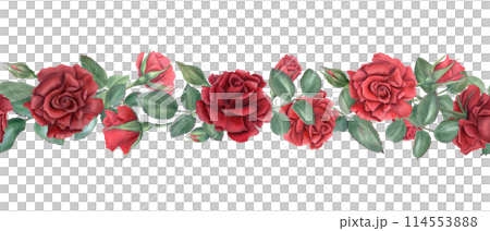 Velvet maroon rose. Horizontal border with garden roses. Summer blooming plant. Romantic ruby flower heads. Watercolor vintage illustration. Seamless floral ornate for wedding, birthday decor 114553888