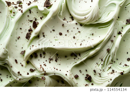 Macro photo of delicious Italian mint chips gelato as background, close up of ice cream scoop. Selective focus 114554134