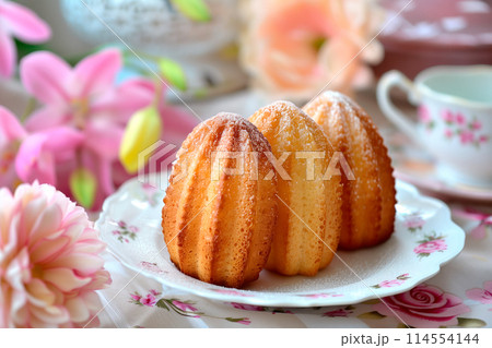 Classic French madeleine cookies, buttery and delicate, mini sponge cake baked in scallop mold 114554144