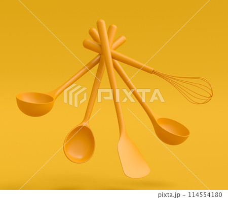 Wooden kitchen utensils, tools and equipment on yellow monochrome background. Wooden kitchen utensils, tools and equipment on yellow monochrome background. 114554180