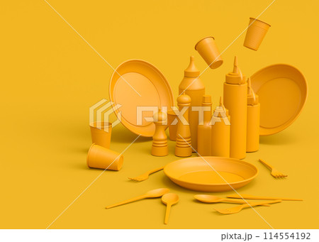 Set of disposable utensils like plate, folk, spoon,knife, cup and pepper mill 114554192
