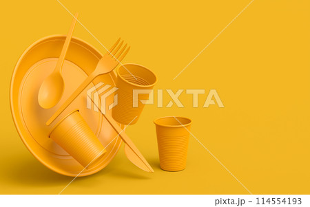 Set of disposable utensils like plate, folk, spoon,knife, cup and pepper mill 114554193
