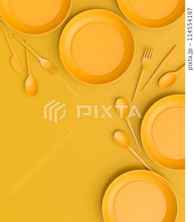 Set of disposable utensils like plate, folk, spoon,knife, cup and pepper mill Set of disposable utensils like plate, folk, spoon,knife, cup and pepper mill 114554197