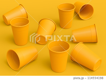 Set of plastic disposable party cup for juice, fresh, beer on monochrome yellow Set of plastic disposable party cup for juice, fresh, beer on monochrome yellow 114554198