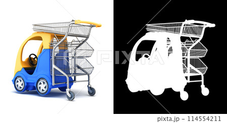 Baby blue car with a shopping basket in the back back view 3d render on white with alpha 114554211